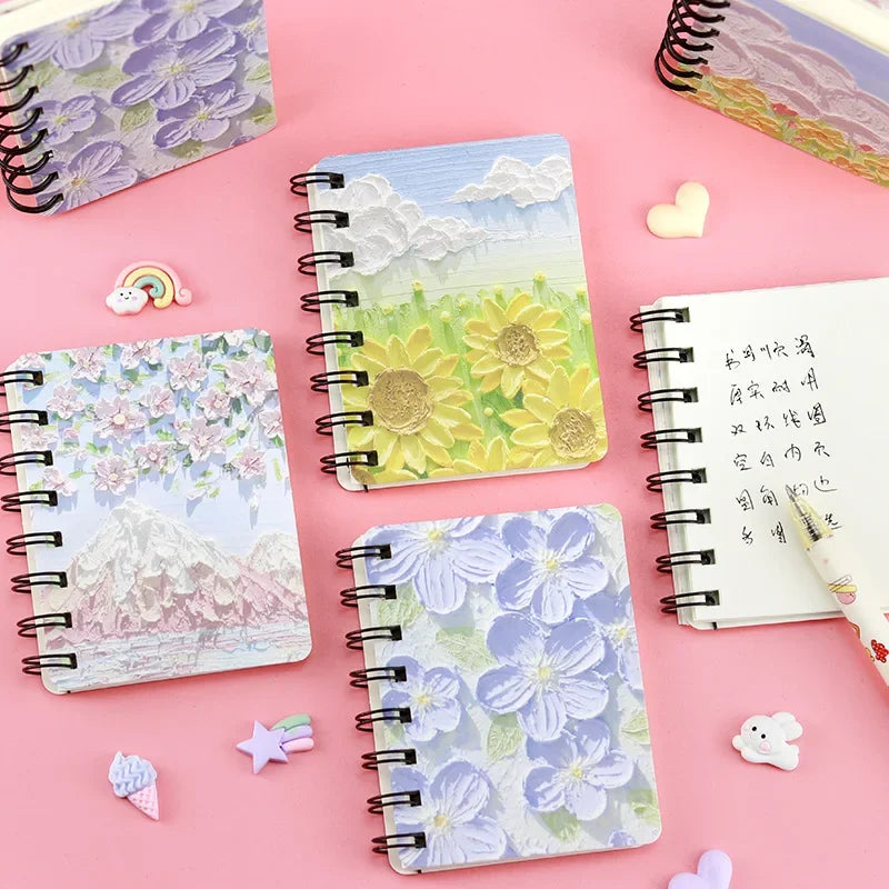 1pc Cute Canvas Landscape Notebook  A7 Coil Book Student Notebook Pocket Notepad Small Kawaii Portable Diary Notebook Journals