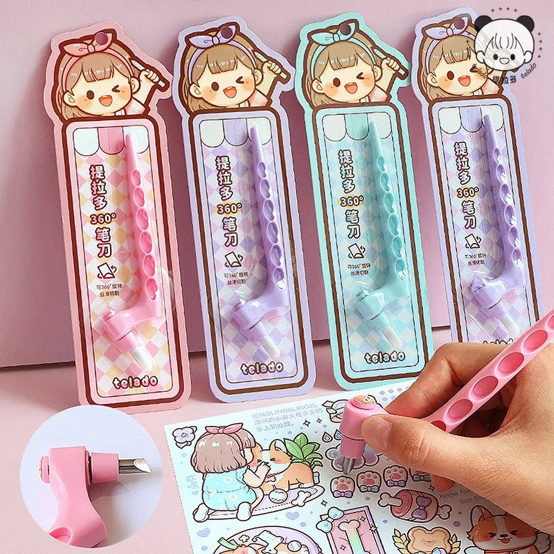 1 Piece Creative 360 Degree Pen Knife Kawaii Cartoon Solid Color Rotate Utility Knife DIY Sticker Scrapbook Tool Carving Pen