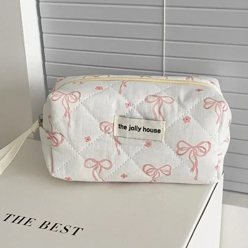 1 Piece Ins Sweet Style Pencil Case for Student Korean Pink Beige Bow Pen Pouch Large Capacity Portable Stationery Storage Bag