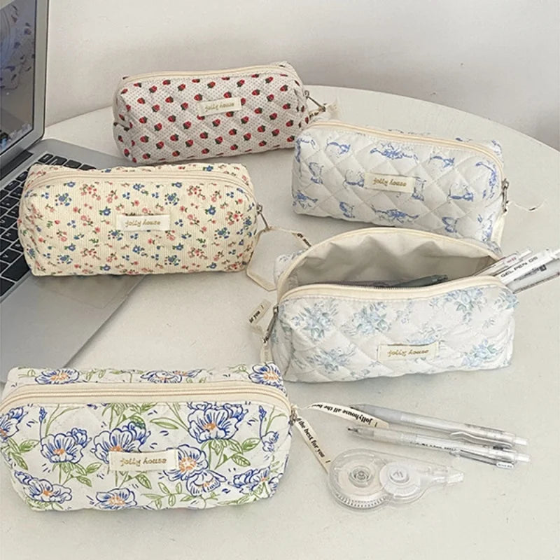 1 Piece Cute Pencil Case Simplicity Korean Chic Floral Pencil Pouch for Girl Soft Cotton High Capacity Stationery Storage Bag