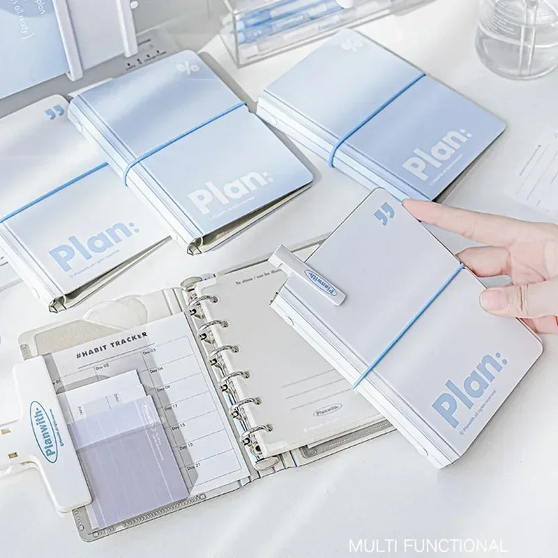 44 Sheet Mini Notebook Ins Simplicity White Blue Journal 6 Ring Loose Leaf Scrapbook Journal Portable Pocket Planner Student